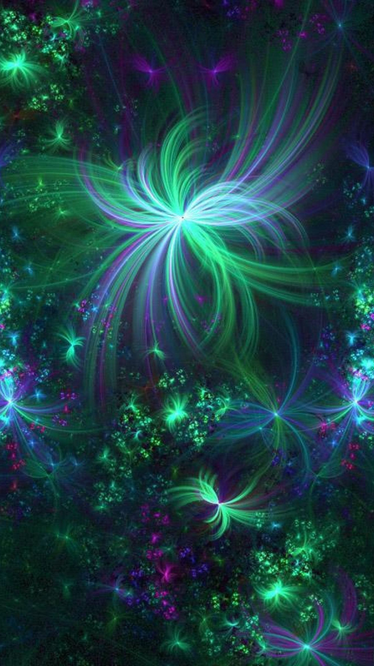 Обои цветок, зеленый, пурпур, свет, фрактальное искусство в разрешении 750x1334