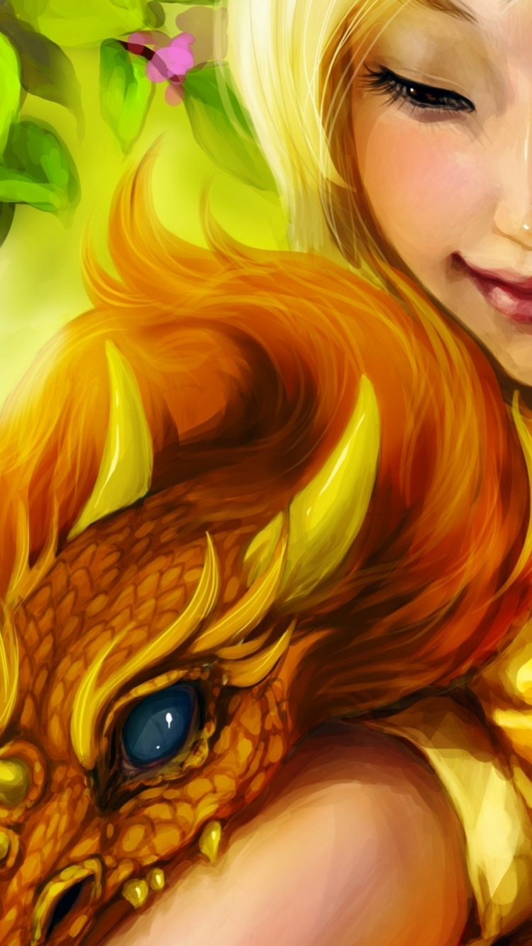 Обои дракон, лепесток, длинные волосы, желтый, девушка в разрешении 750x1334