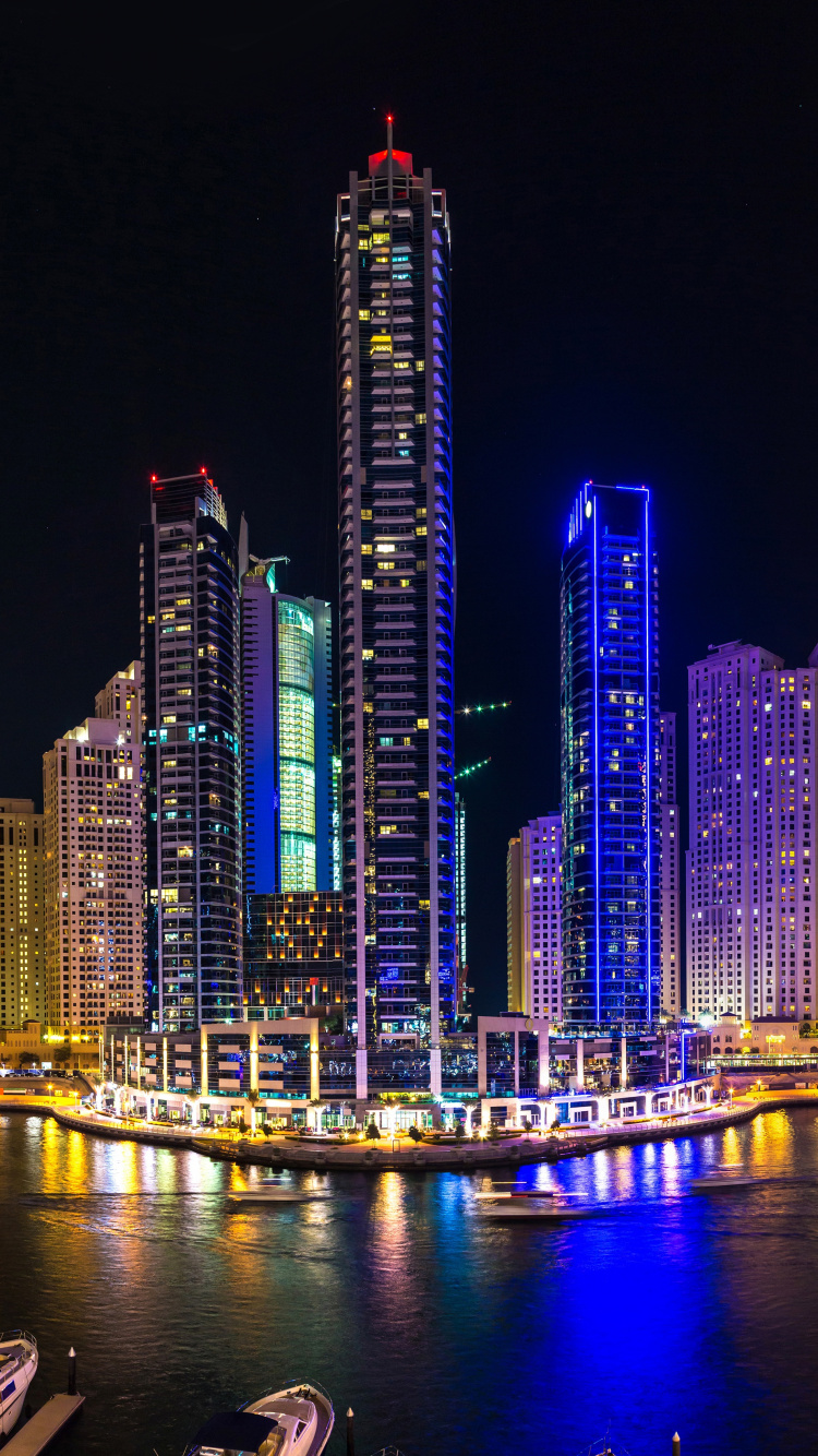Обои Дубай Марина, ночь, город, городской пейзаж, метрополия в разрешении 750x1334