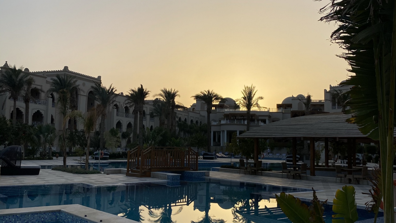 Обои отражение, плавательный бассейн, пальмовые рощи, вода, гидроресурсы в разрешении 1366x768