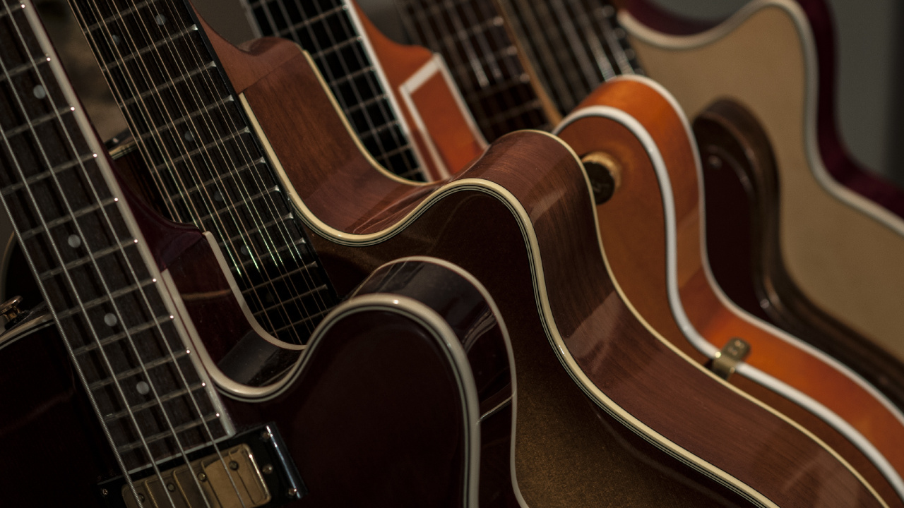 Обои гитара, электрогитара, акустическая гитара, струнный инструмент, басгитара в разрешении 1280x720