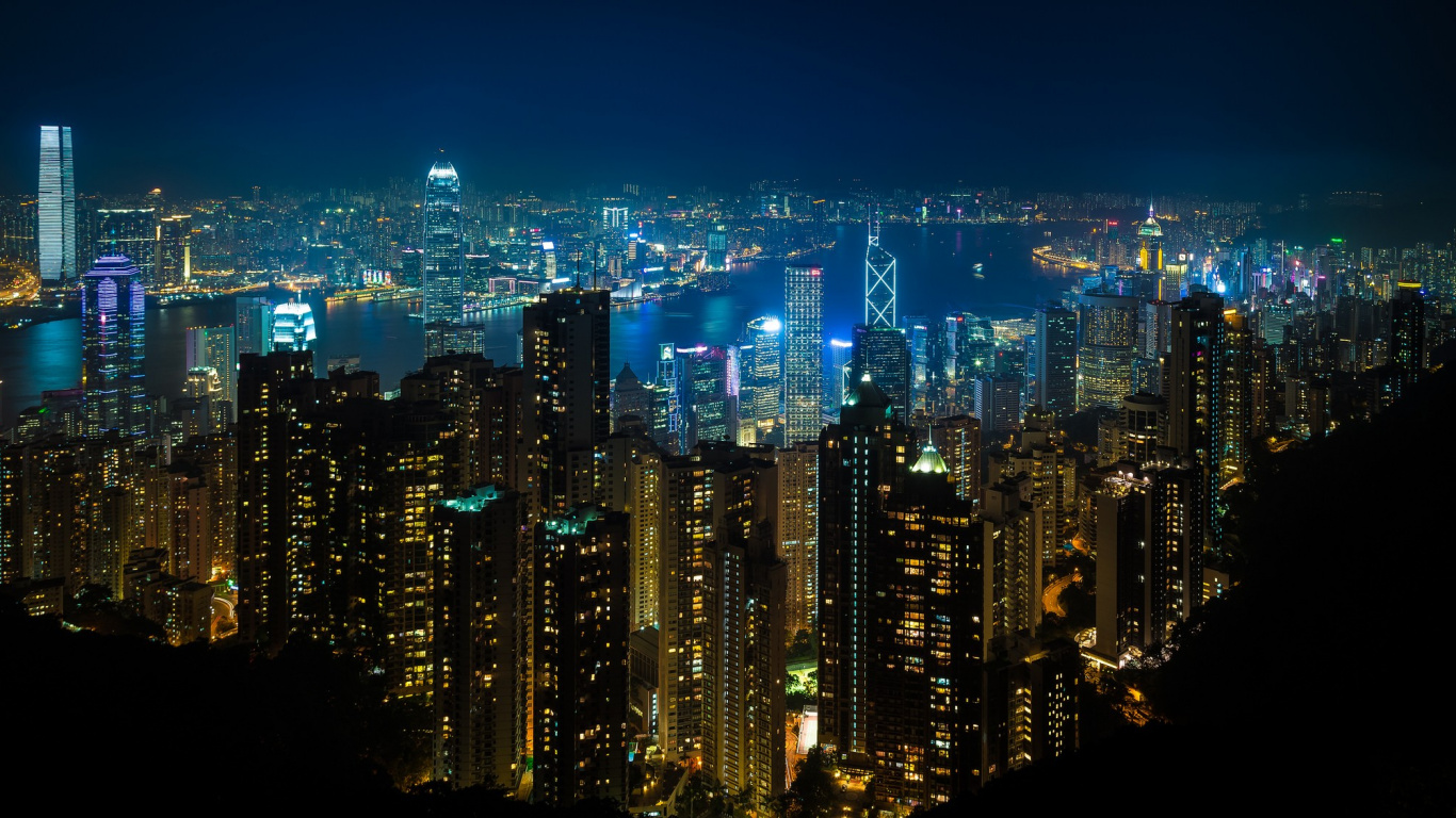 Обои Гавань Виктория, ночь, городской пейзаж, город, метрополия в разрешении 1366x768