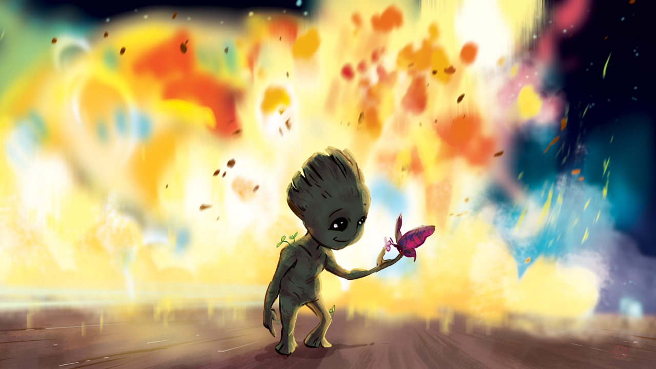 Обои Грут, фан арт, арт, цифровое искусство, мультфильм в разрешении 1280x720