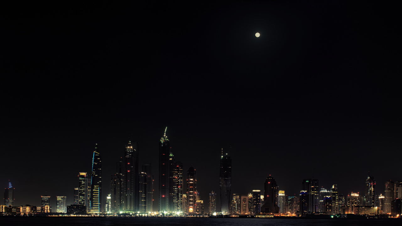 Обои городской пейзаж, ночь, небоскреб, горизонт, линия горизонта в разрешении 1280x720