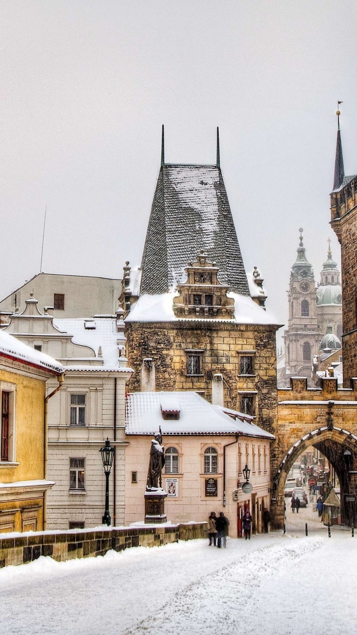 Обои Карлов мост, мост, снег, зима, городок в разрешении 720x1280