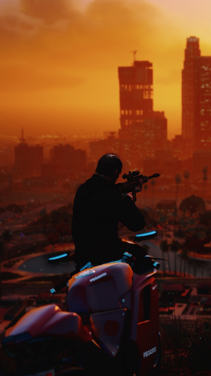 Обои grand theft auto v, модуль, город, сумрак, закат в разрешении 720x1280