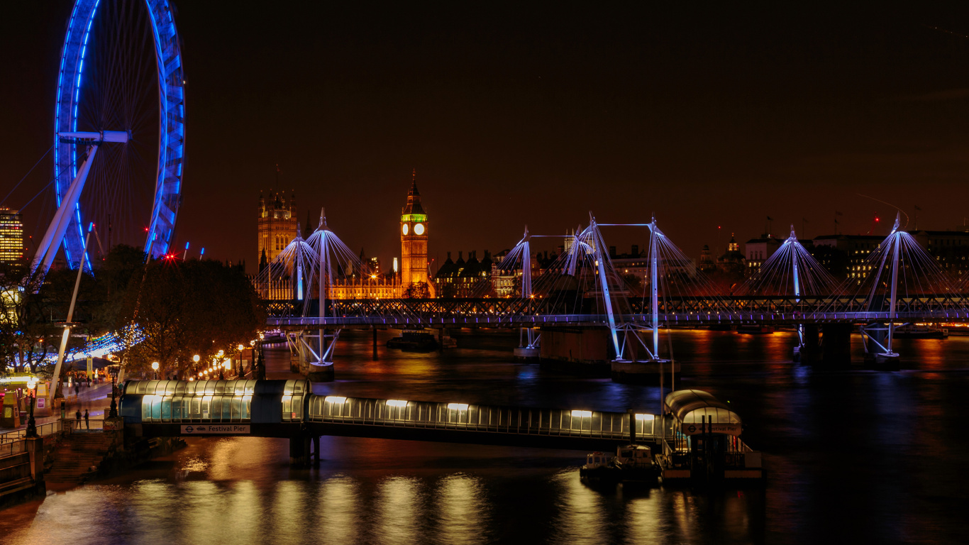 Обои лондонский мост, достопримечательность, колесо обозрения, ночь, ориентир в разрешении 1366x768