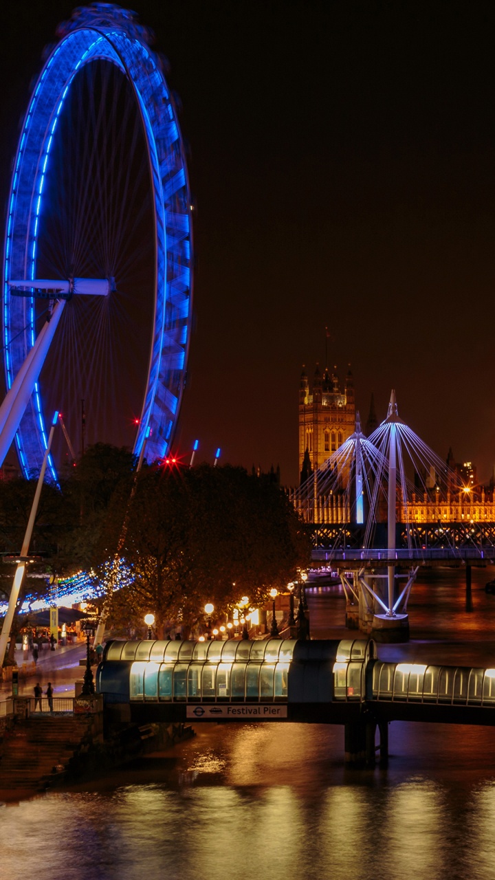 Обои лондонский мост, достопримечательность, колесо обозрения, ночь, ориентир в разрешении 720x1280