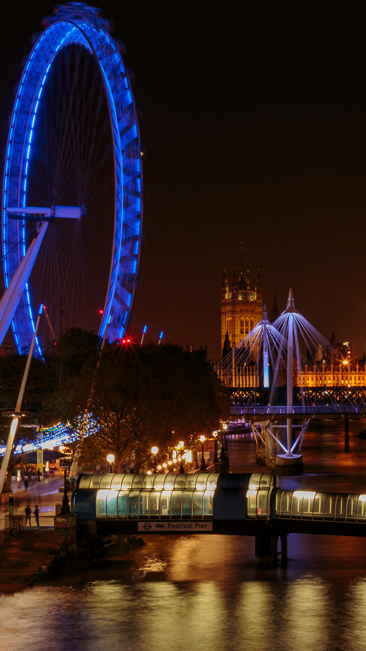 Обои лондонский мост, достопримечательность, колесо обозрения, ночь, ориентир в разрешении 750x1334