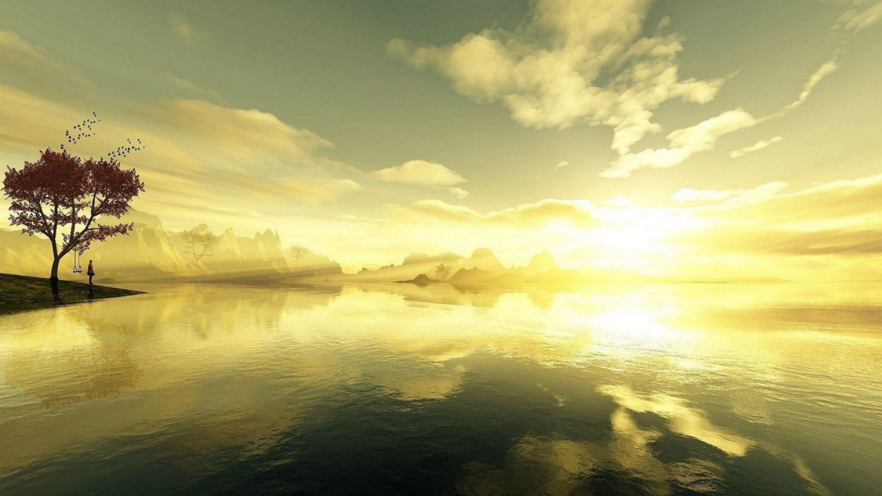 Обои природа, отражение, вода, утро, восход солнца в разрешении 1280x720