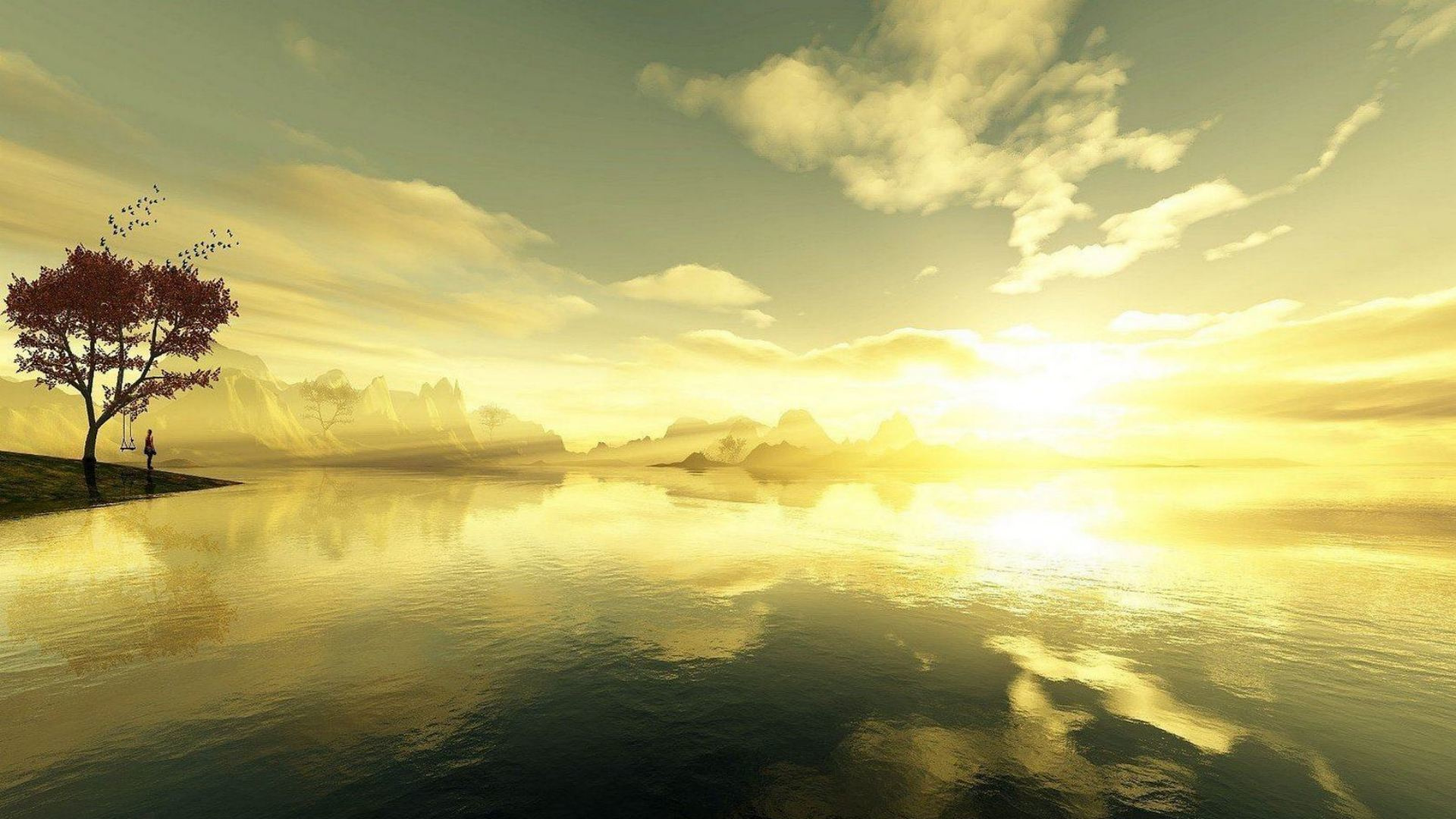 Обои природа, отражение, вода, утро, восход солнца в разрешении 1920x1080