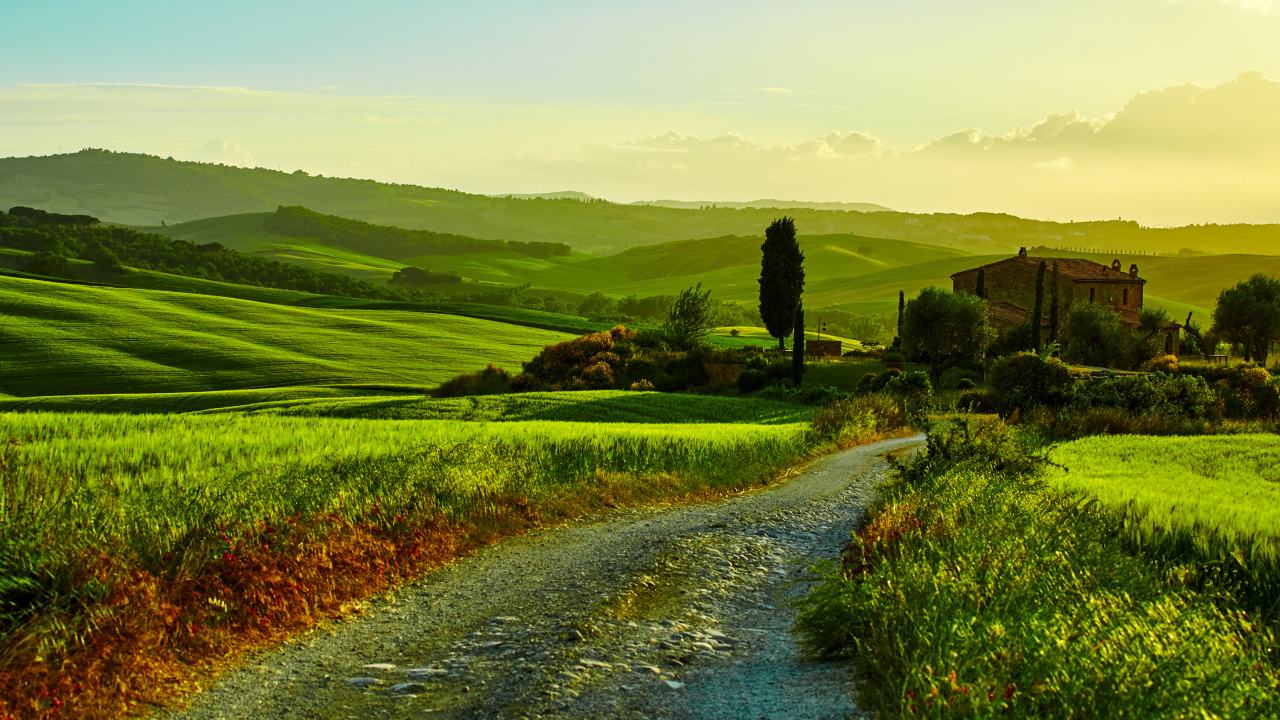 Обои Тоскана, природа, зеленый, холм, поле в разрешении 1280x720