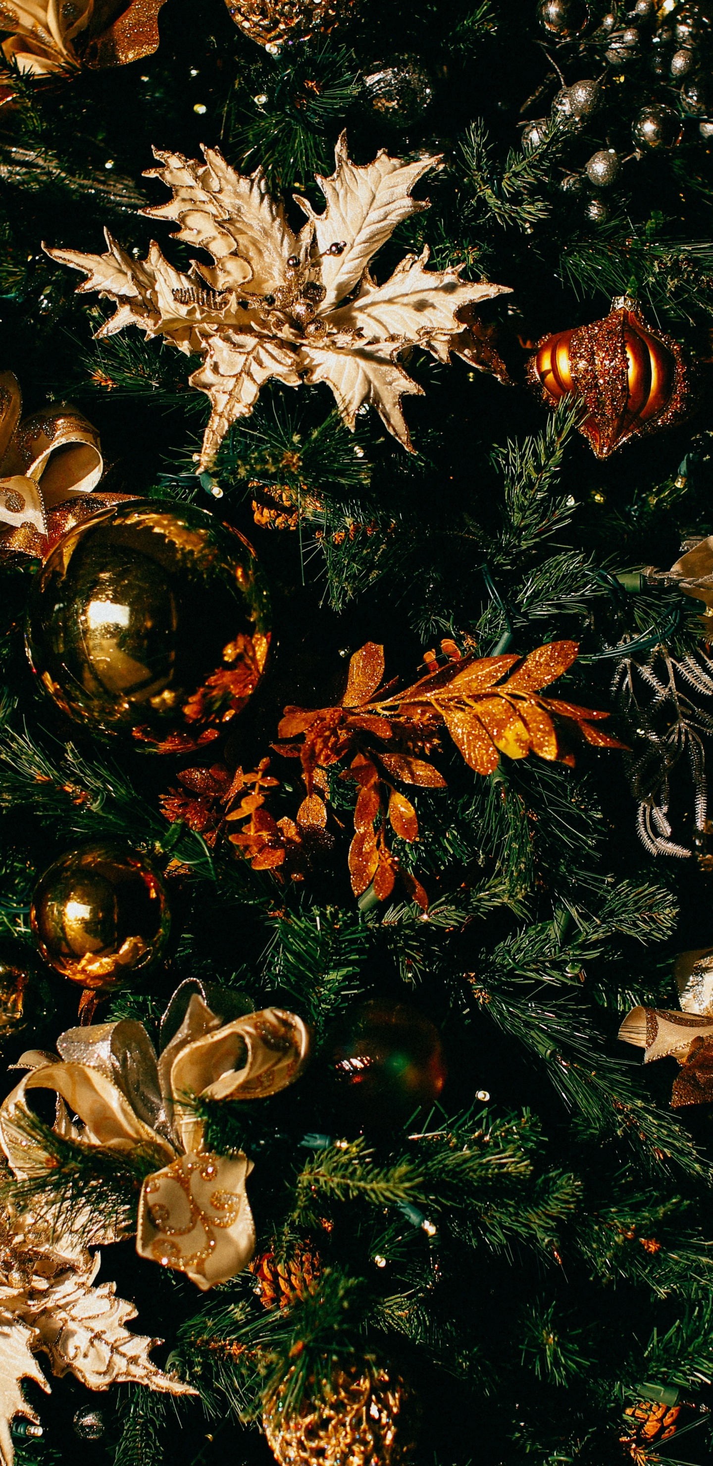 Обои Рождественский день, елка, Рождественские украшения, Рождественские огни, Рождество и курортный сезон в разрешении 1440x2960