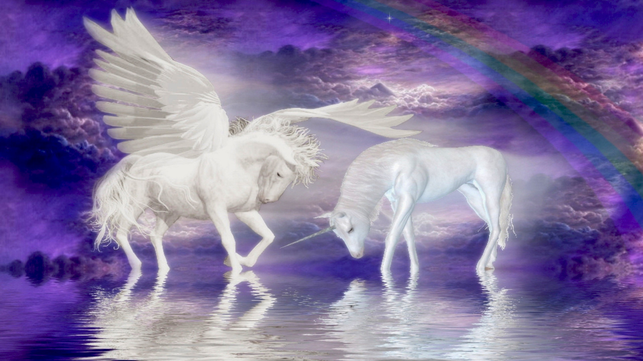 Обои Может фантазия, мифическое существо, конь, единорог, отражение в разрешении 1280x720
