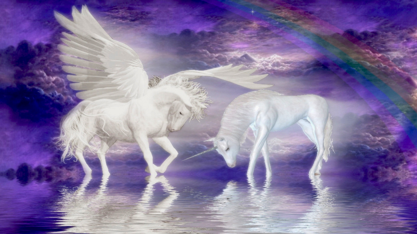 Обои Может фантазия, мифическое существо, конь, единорог, отражение в разрешении 1366x768