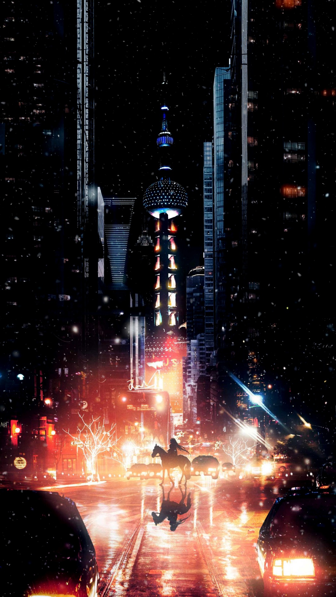 Обои конь, арт, цифровое искусство, городской пейзаж, город в разрешении 1080x1920