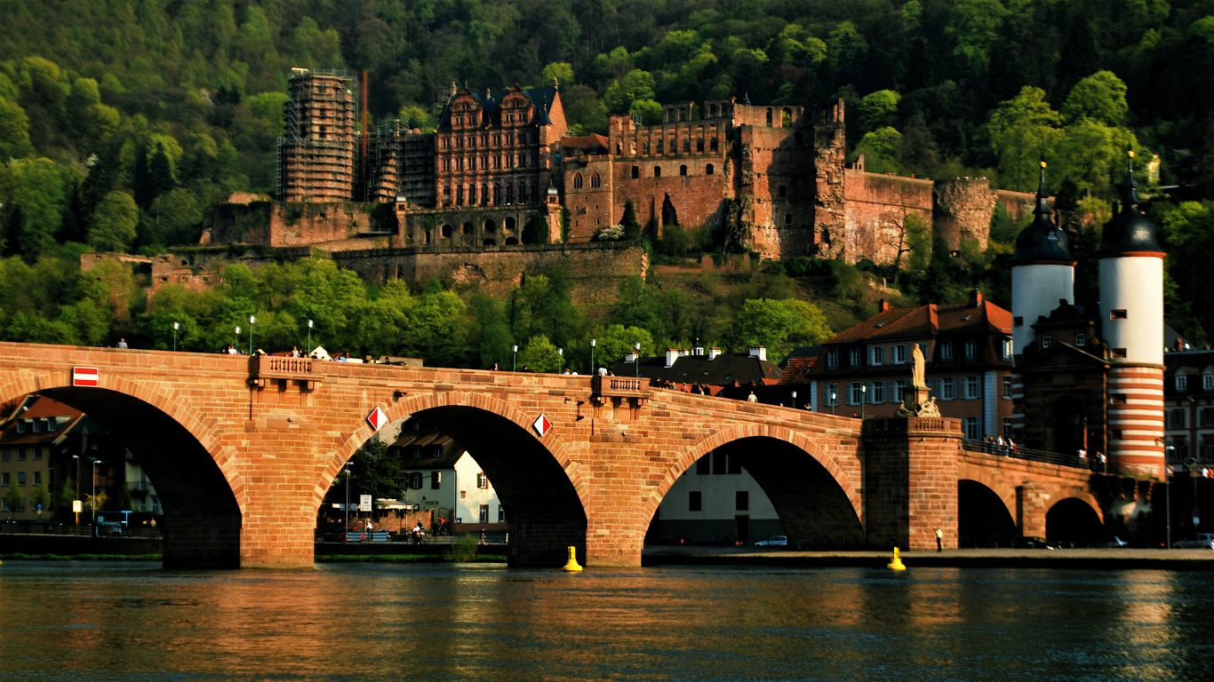 Обои Гейдельберг, арочный мостик, мост, реки, водный путь в разрешении 1366x768