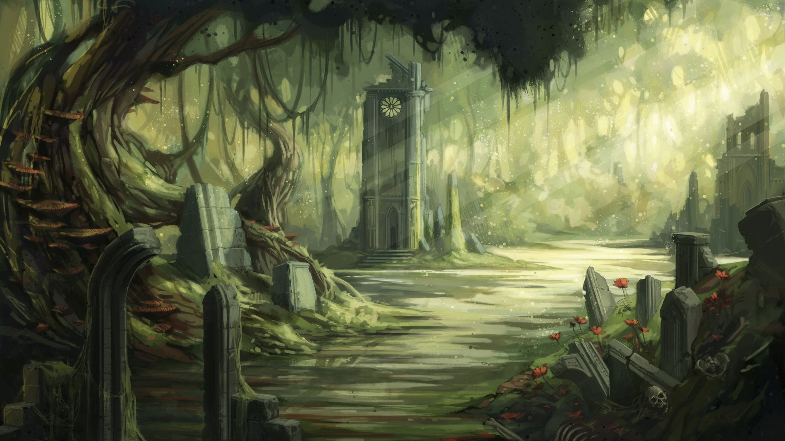 Обои лес, живопись, дерево, лесистая местность, арт в разрешении 2560x1440