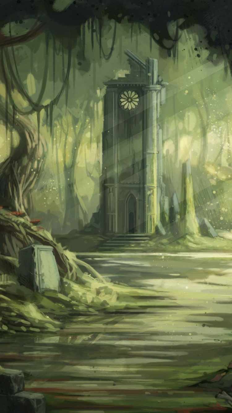 Обои лес, живопись, дерево, лесистая местность, арт в разрешении 750x1334