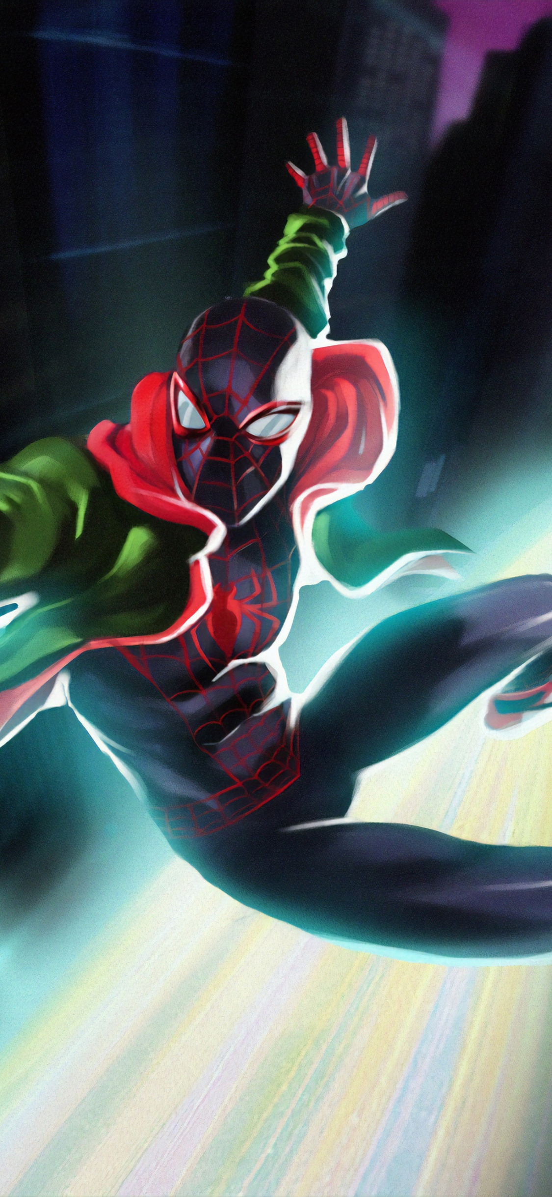 Обои Майлз Моралес, человек-паук, иллюстрация, графический дизайн, уличный танец в разрешении 1125x2436