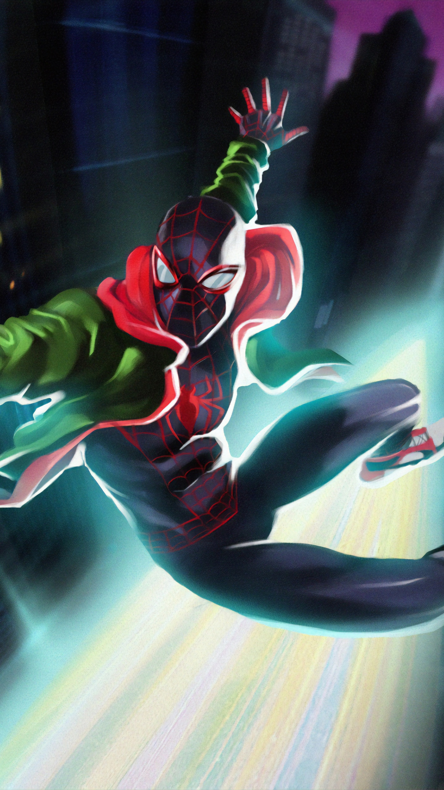 Обои Майлз Моралес, человек-паук, иллюстрация, графический дизайн, уличный танец в разрешении 1440x2560