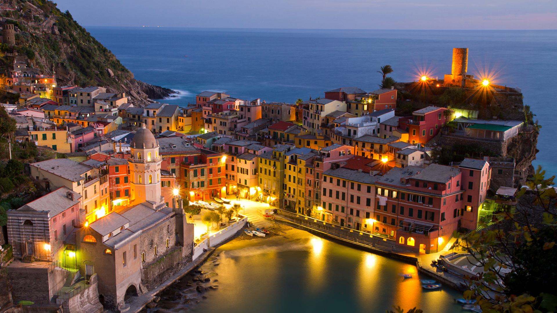 Обои Вернацца, городок, ночь, город, вечер в разрешении 1920x1080