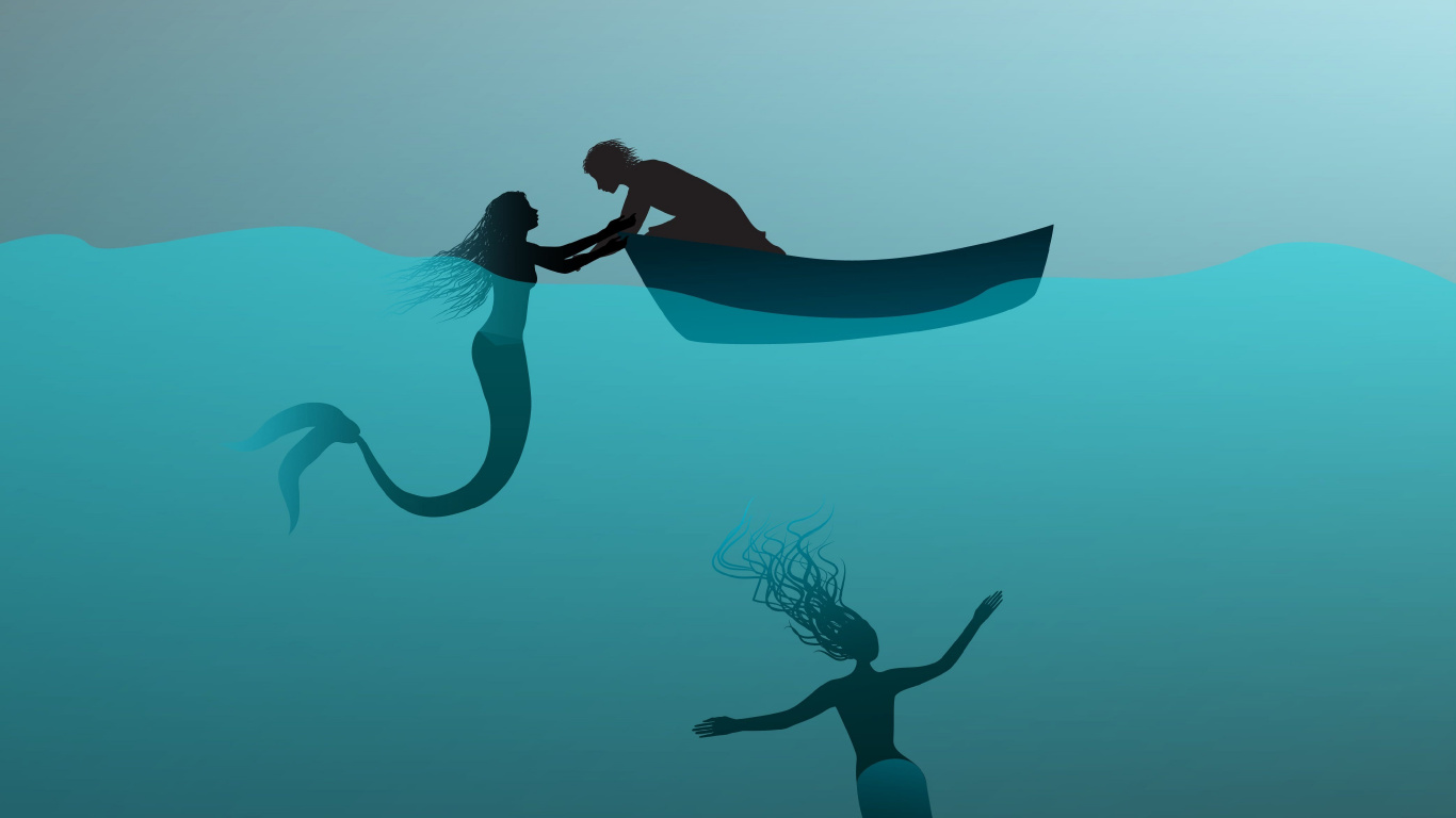 Обои русалка, сирена, иллюстрация, подземные воды, вода в разрешении 1366x768