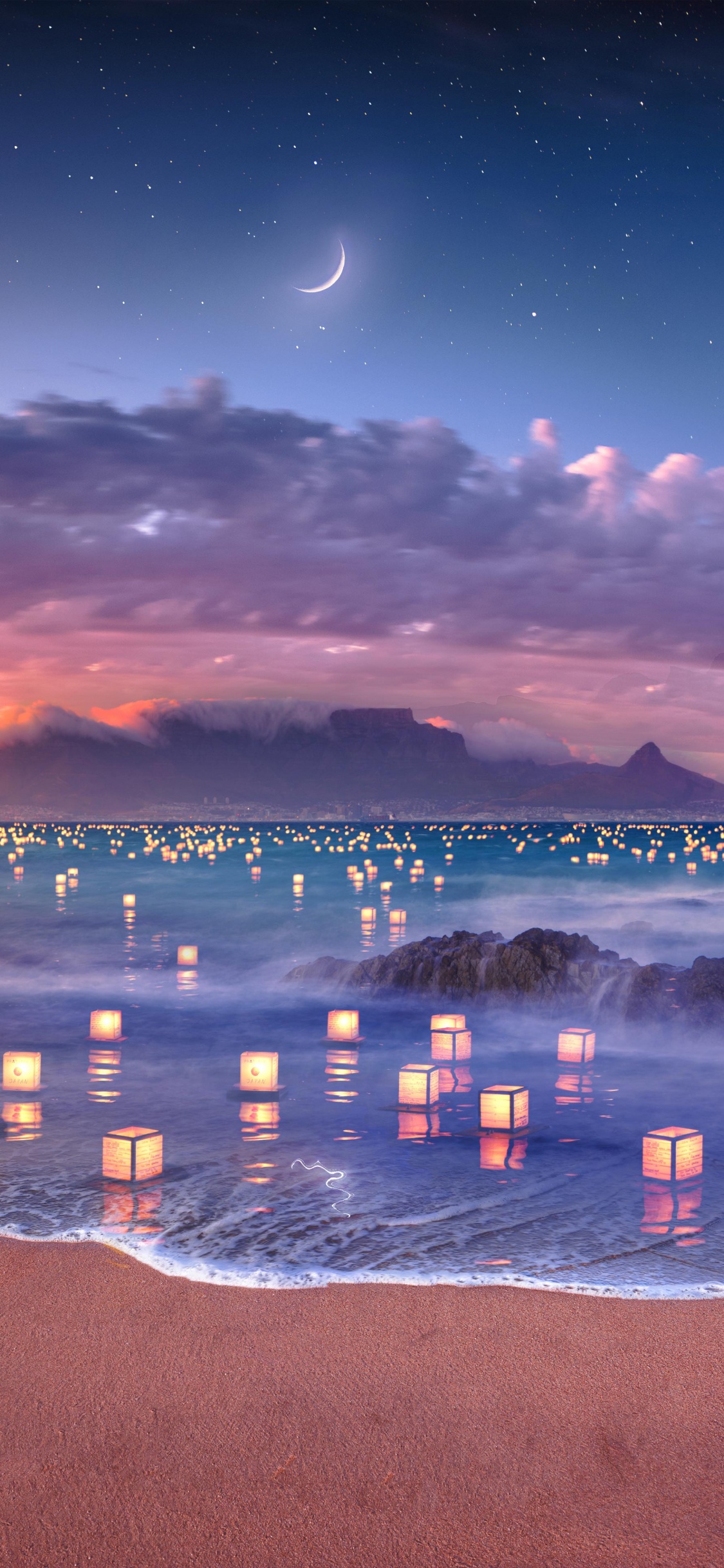 Обои пляжные фонари, пляж, вода, облако, атмосфера в разрешении 1125x2436