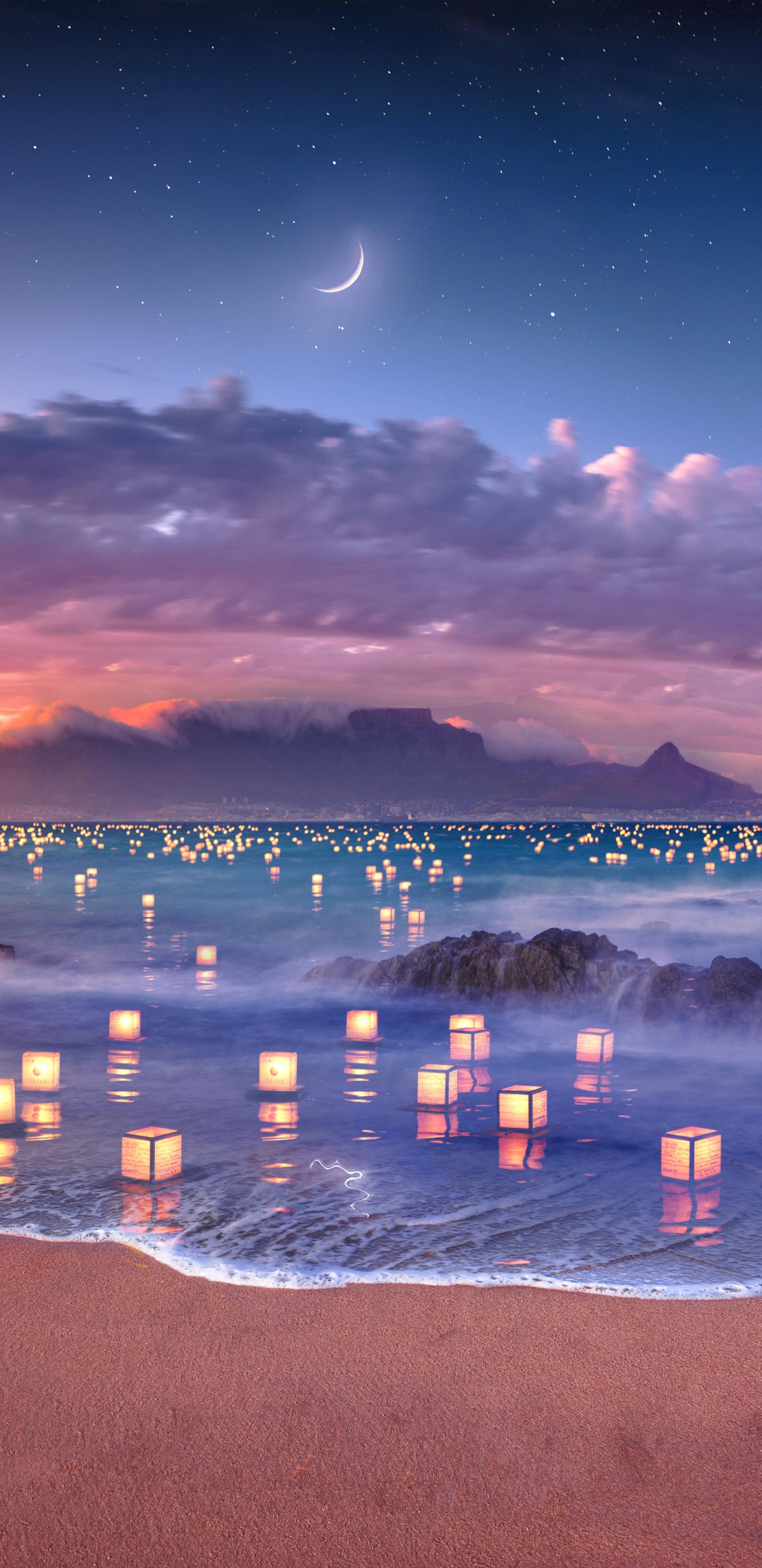 Обои пляжные фонари, пляж, вода, облако, атмосфера в разрешении 1440x2960