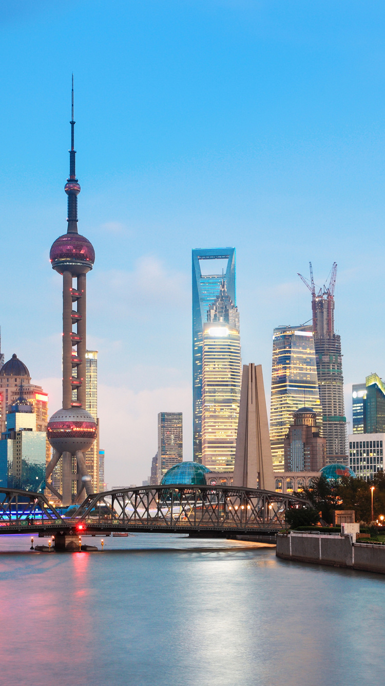 Обои район пудун, линия горизонта, набережная, город, городской пейзаж в разрешении 750x1334