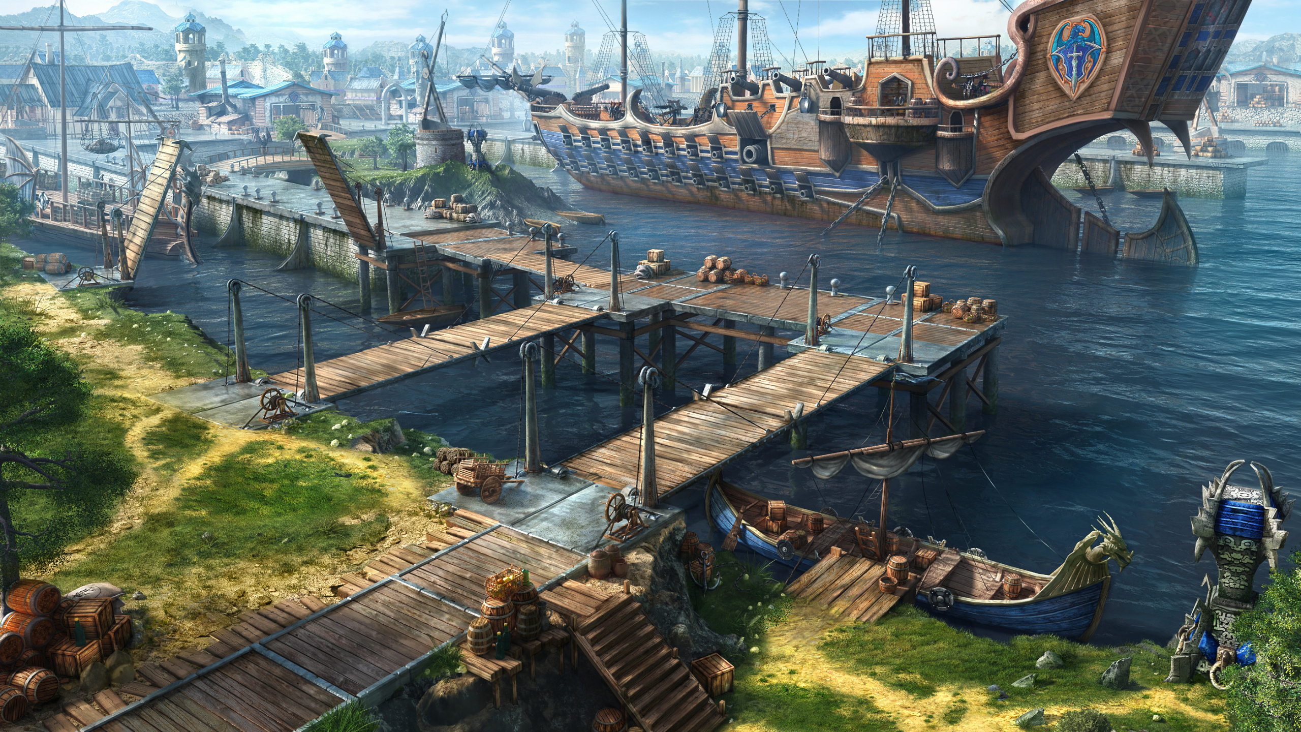 Обои арт, живопись, компьютерная игра, корабль, порт в разрешении 2560x1440