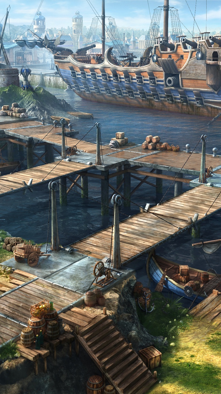 Обои арт, живопись, компьютерная игра, корабль, порт в разрешении 720x1280