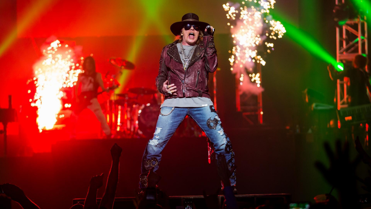 Обои рокконцерт, музыкант, Guns N Roses, гитарист, музыкальный ансамбль в разрешении 1280x720