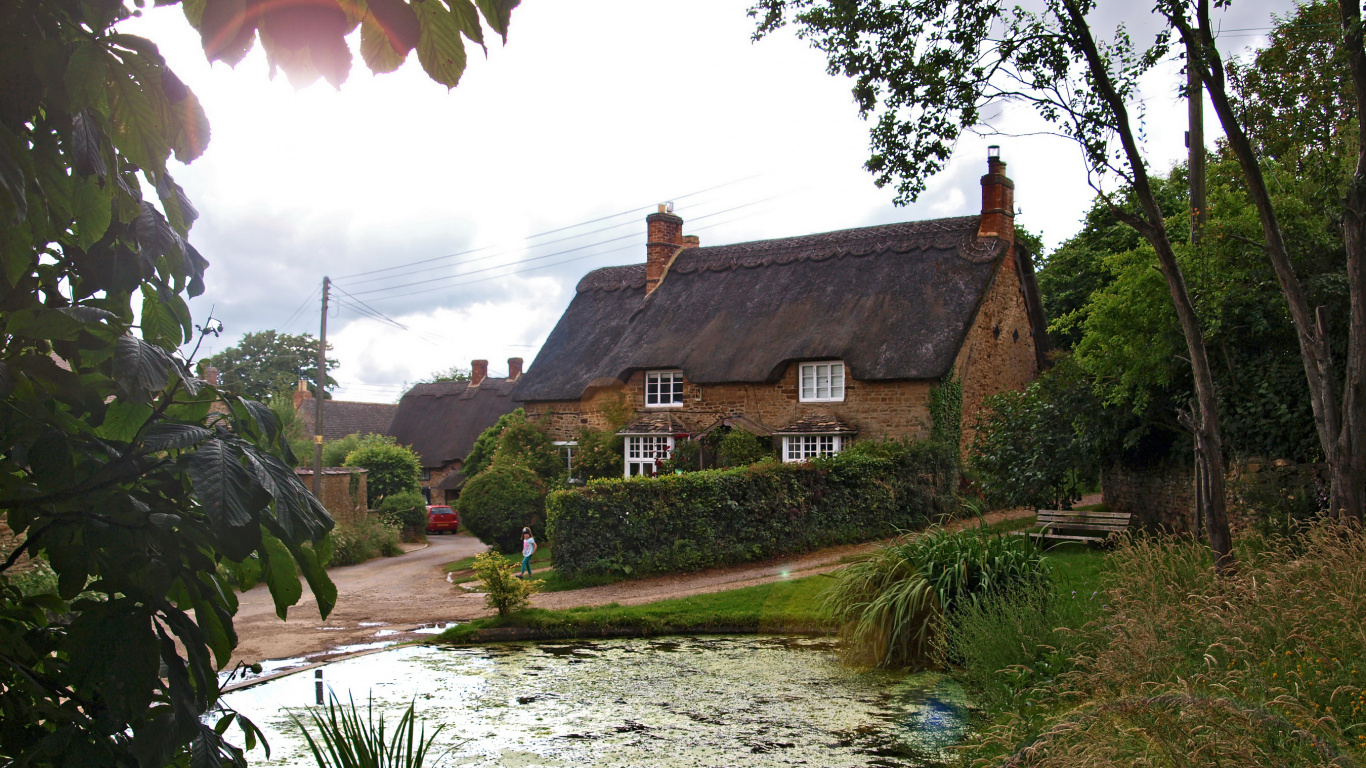 Обои вода, Sibford Гауэр, коттедж, здание, свойство в разрешении 1366x768