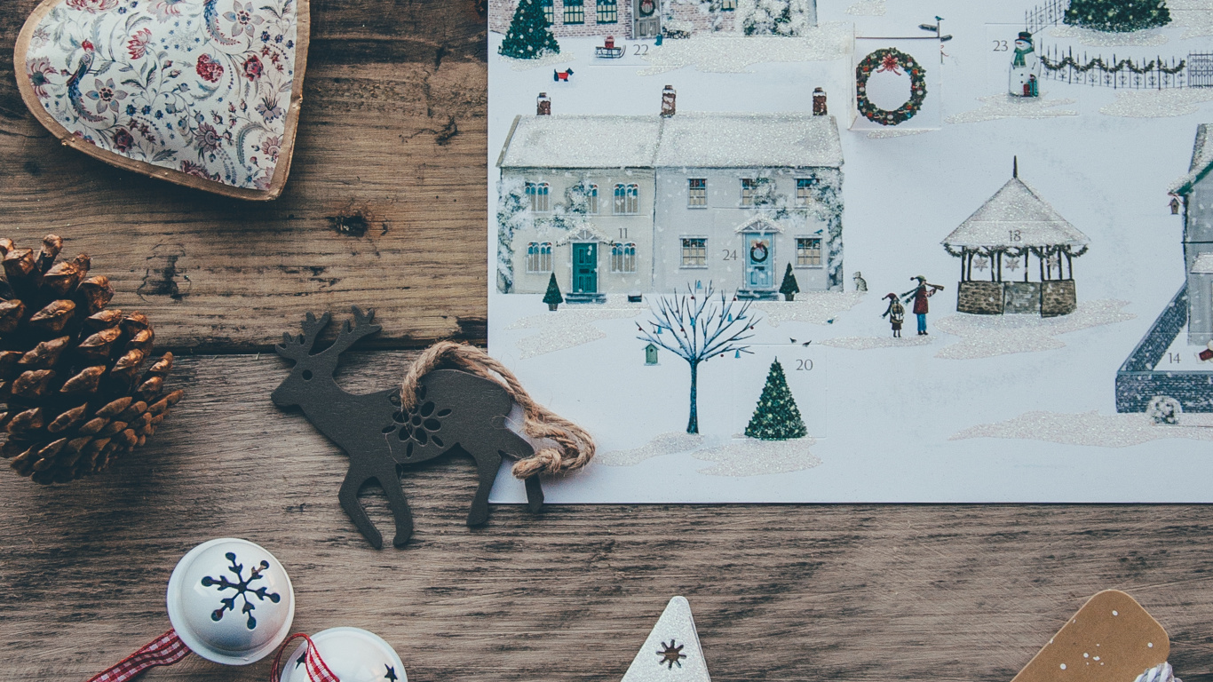 Обои Рождественский день, елка, праздник, иллюстрация, древесина в разрешении 1366x768