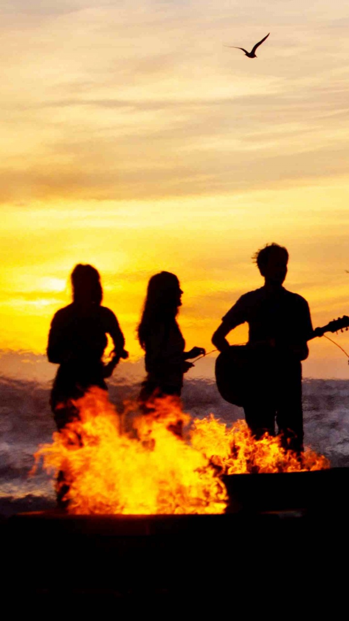 Обои пляж, пляж костер, горизонт, силуэт, закат в разрешении 720x1280