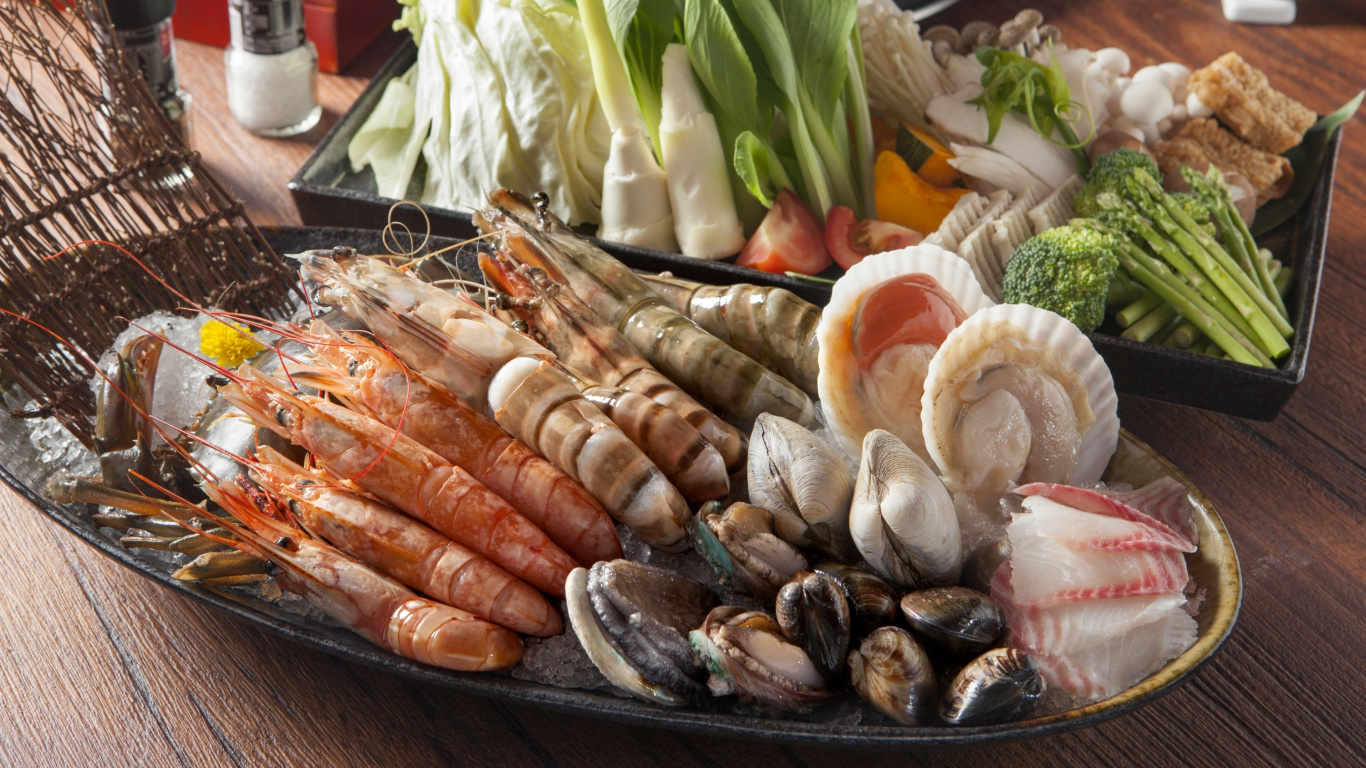 Обои морепродукты, овощ, пища, продукты животного происхождения, привычная пища в разрешении 1366x768