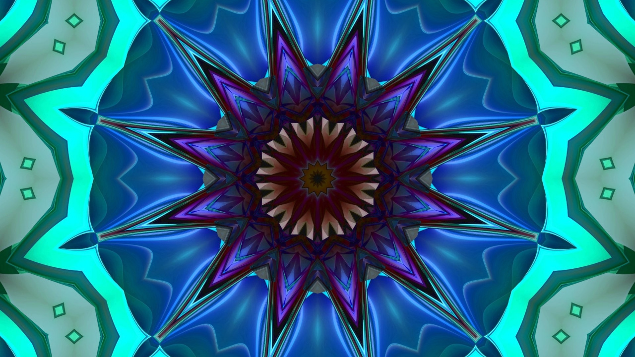 Обои калейдоскоп, психоделическое искусство, синий, фрактальное искусство, симметрия в разрешении 1280x720