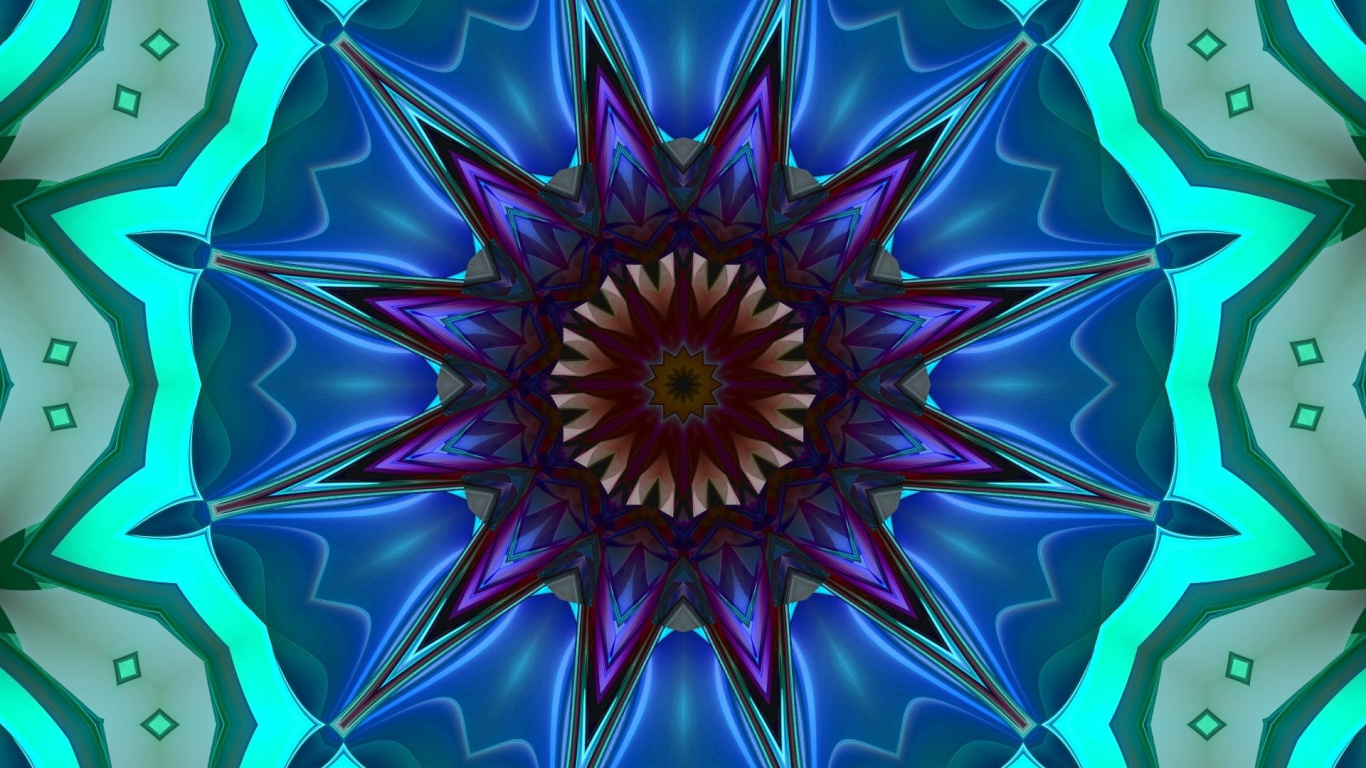 Обои калейдоскоп, психоделическое искусство, синий, фрактальное искусство, симметрия в разрешении 1366x768