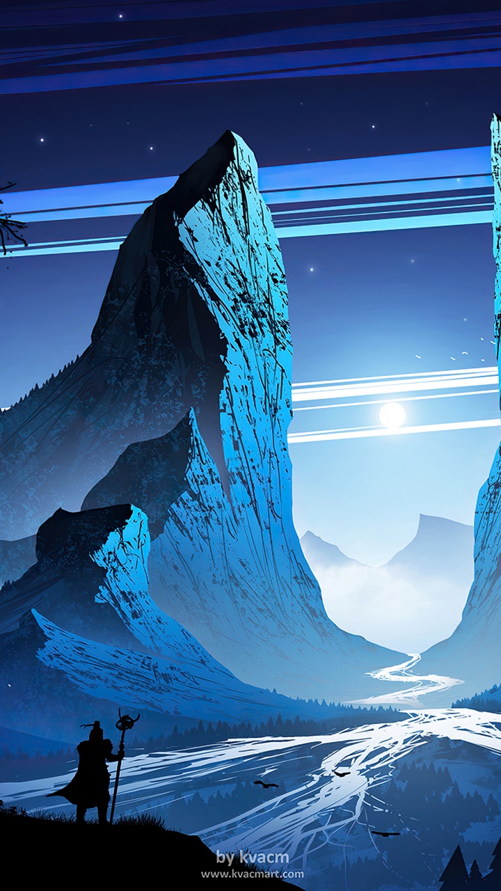 Обои горный воин, цифровое искусство, гора, иллюстрация, пейзажная живопись в разрешении 720x1280