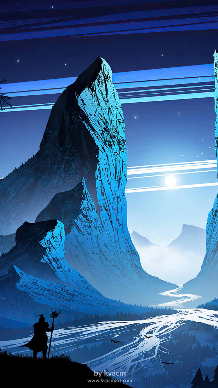 Обои горный воин, цифровое искусство, гора, иллюстрация, пейзажная живопись в разрешении 750x1334