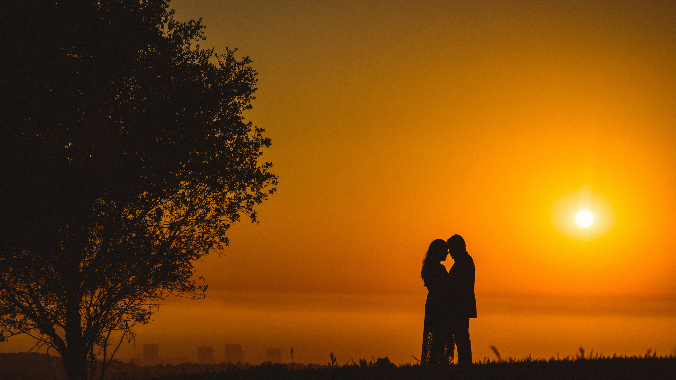 Обои роман, закат, силуэт, пара, поцелуй в разрешении 2560x1440