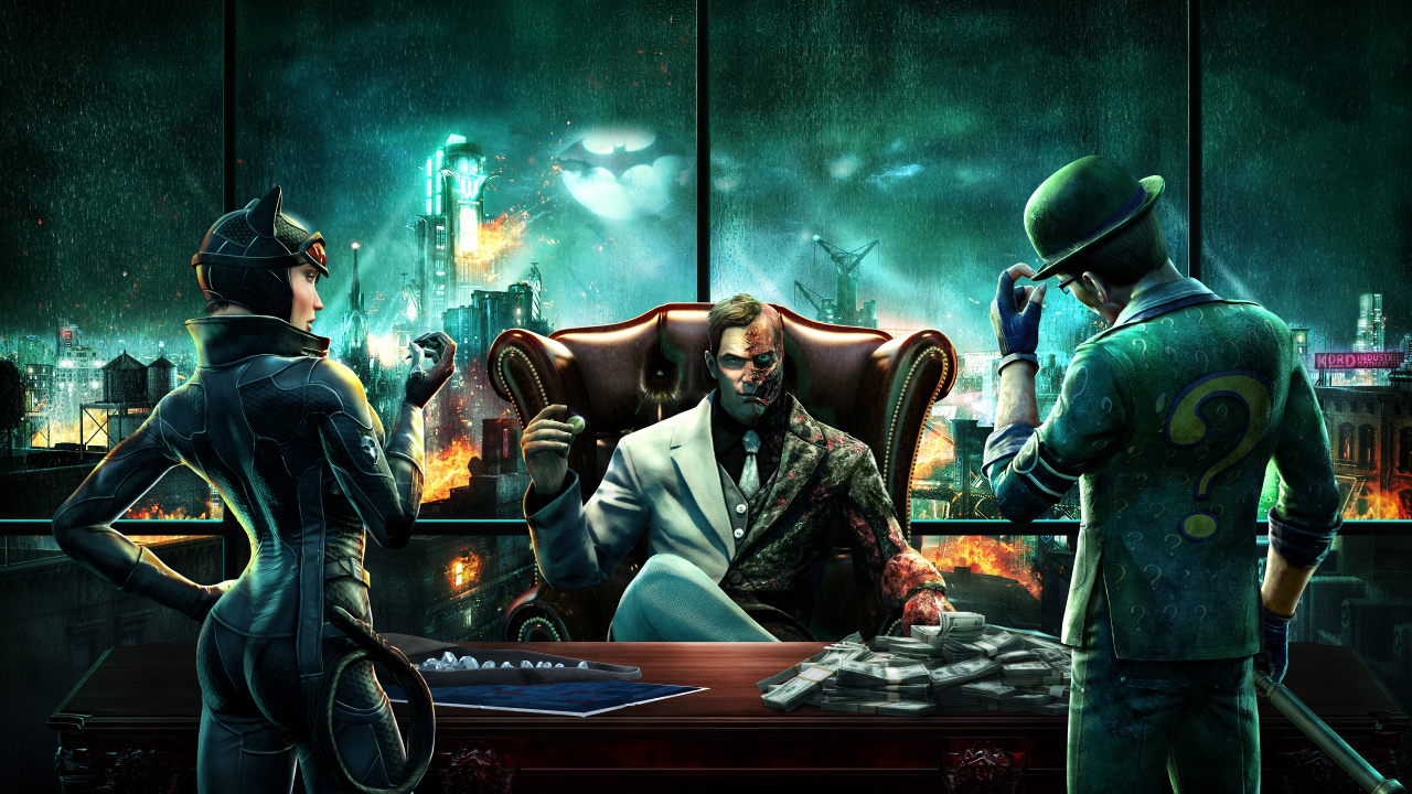 Обои женщина кошка, Бэтмен рыцарь аркхема, риддлер, Бэтмен, компьютерная игра в разрешении 1280x720