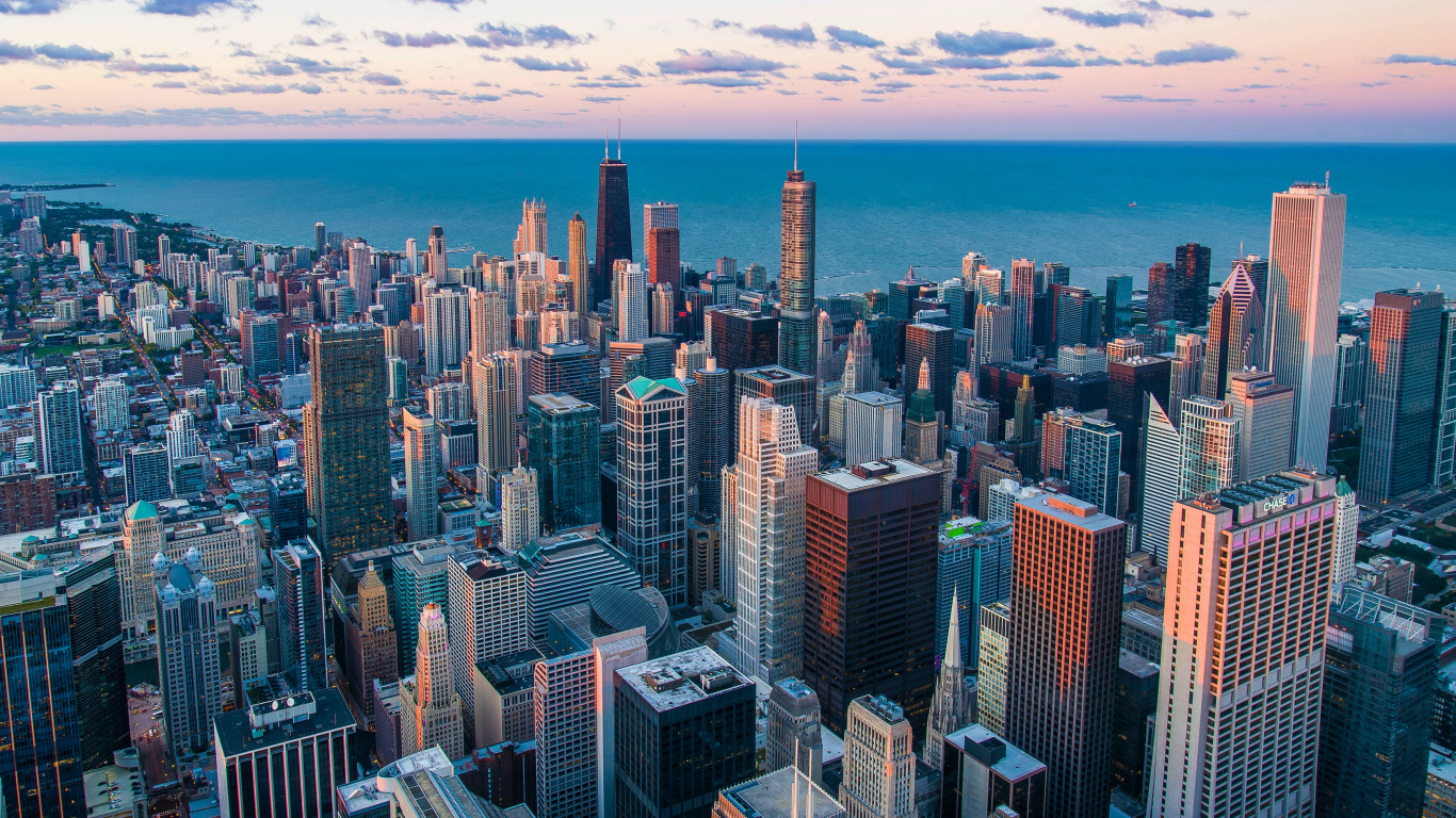 Обои центр Чикаго, ресторан Фурама, партнеры по здравоохранению Березовый лес, вода, небоскреб в разрешении 1366x768