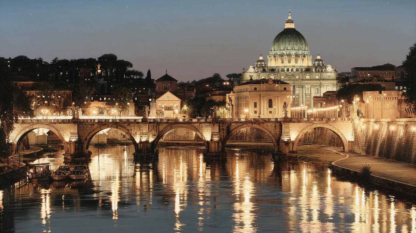 Обои базилика, ориентир, отражение, ночь, город в разрешении 1366x768