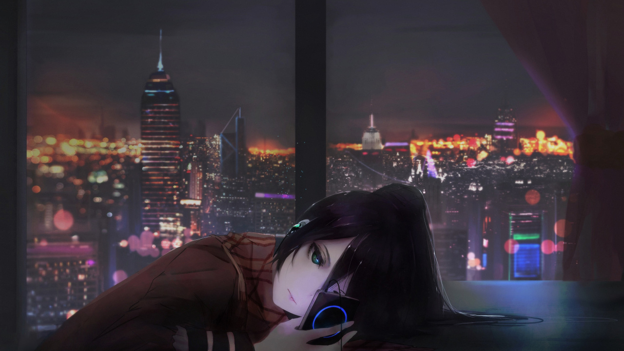 Обои аниме, арт, город, ночь, темнота в разрешении 1280x720