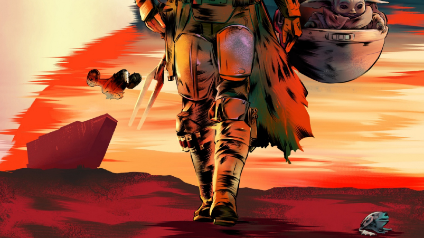 Обои арт, Грогу, энакин Скайуокер, Мандалорец, живопись в разрешении 1366x768