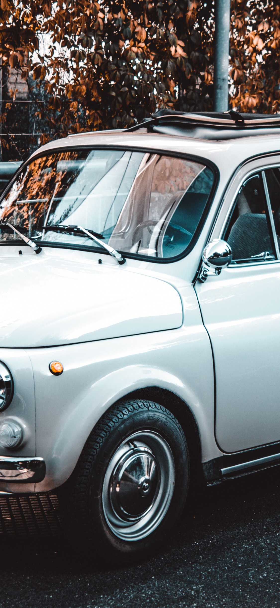 Обои авто, городской автомобиль, Фиат 500, классический автомобиль, автомобильное освещение в разрешении 1125x2436