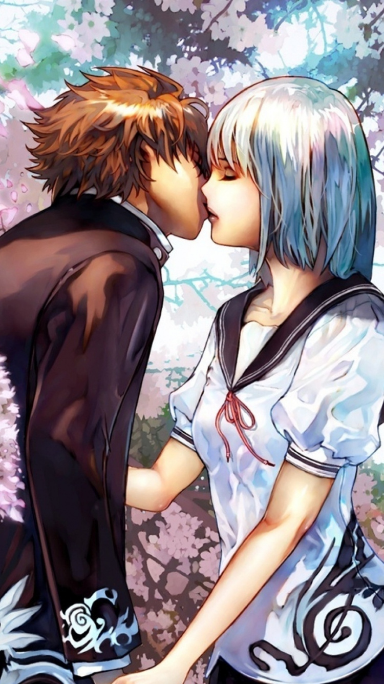 Обои аниме, роман, поцелуй, весна, расцвет в разрешении 750x1334