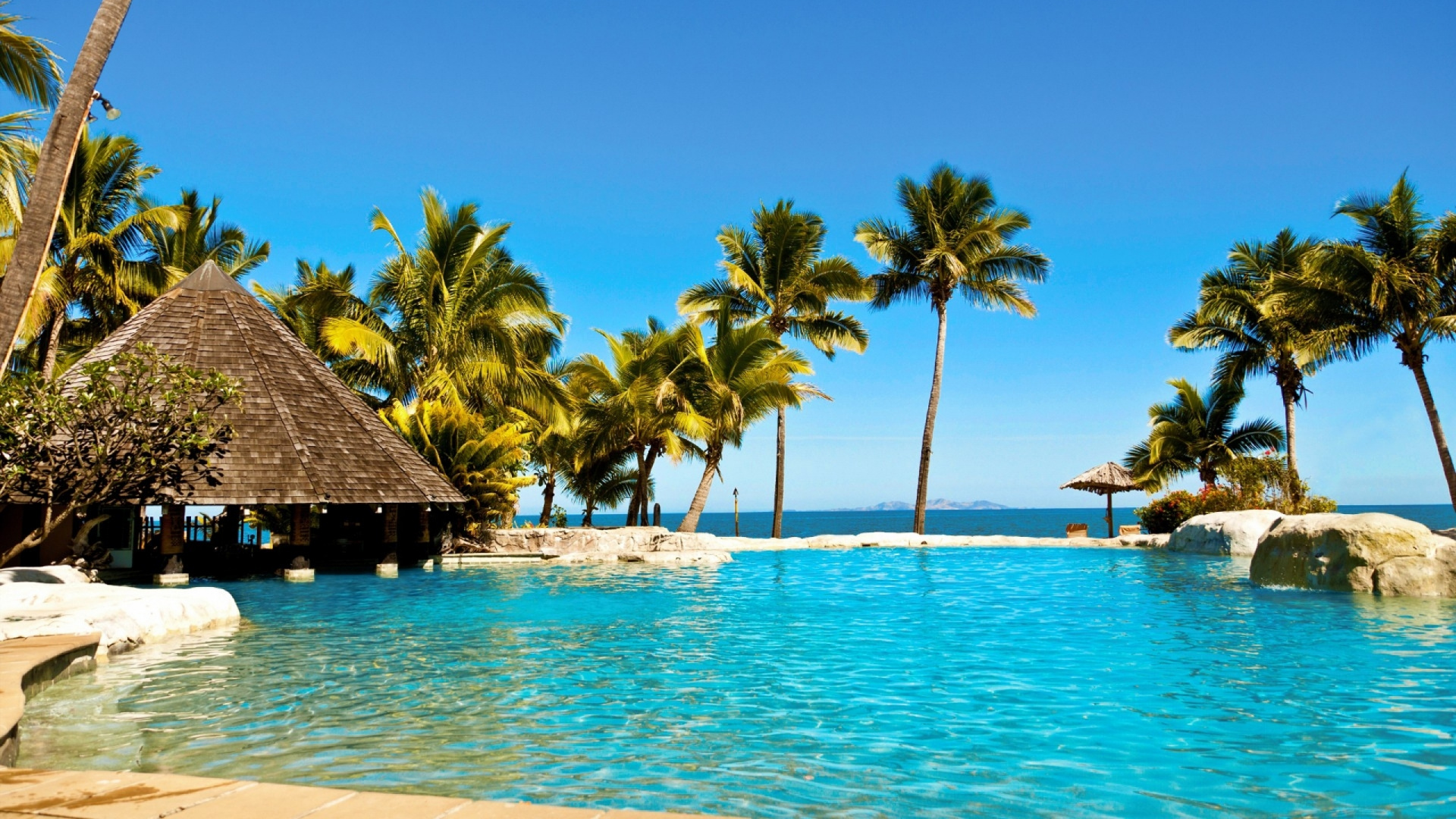 Обои плавательный бассейн, прибежище, отпуск, тропическая зона, Карибский бассейн в разрешении 1920x1080